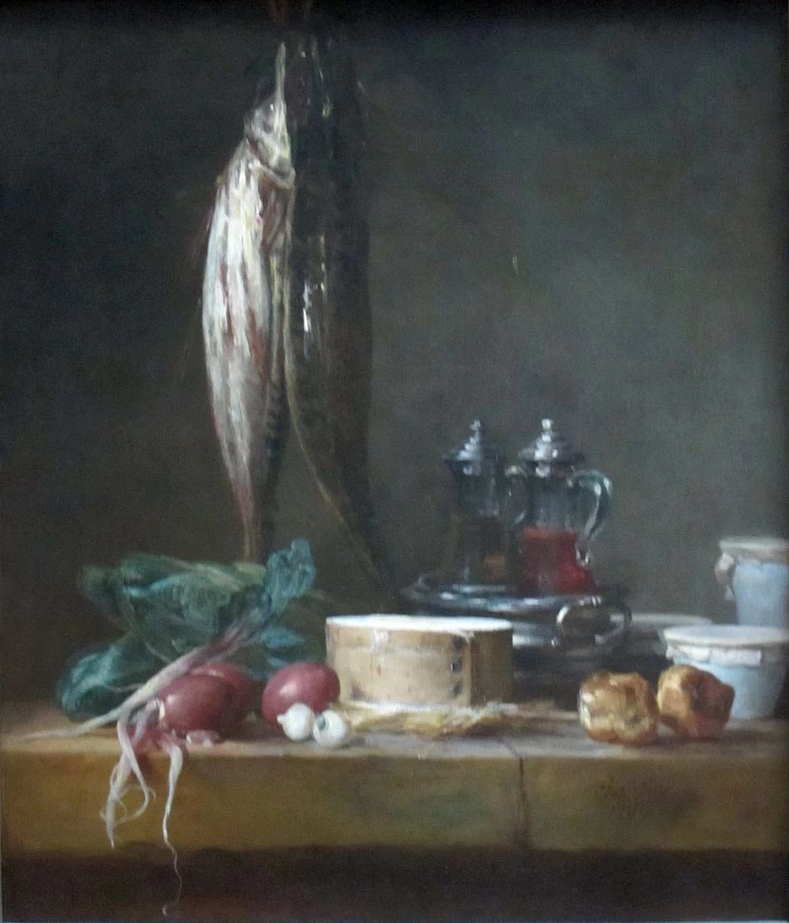 Jean Siméon Chardin - 101, Natura morta con pesci, verdure, gougères, pentole e ampolle su un tavolo, Getty Center